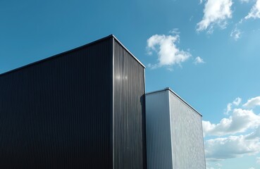 Poster - Low angle view of modern industrial architecture. Black, white corrugated metal factory buildings against blue sky with white clouds. Warehouse office construction, minimalistic design. Sunlight,