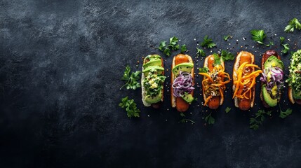 Poster - Gourmet hot dogs with various toppings arranged on a dark background.