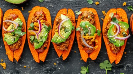 Poster - Sweet potato boats filled with hot dogs, avocado, red onion, and sesame seeds.