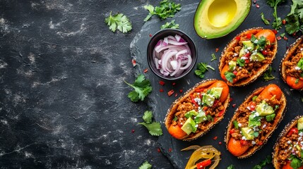 Poster - Chili cheese dogs in bread boats with avocado, onion, and cilantro.