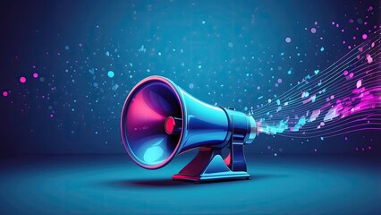 Digital illustration of a megaphone made out of blue and red glowing lines and dots