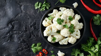 Aufkleber - Cooked cauliflower florets in a black bowl with cilantro and chili peppers on a dark background.