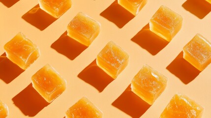 Poster - Top view of arranged translucent orange cube-shaped jellies on a peach background with shadows.