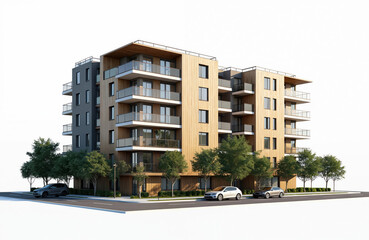 Poster - Modern residential building illustration at white background. Apartment block with glass balconies, wooden facade design. Urban architecture, real estate, residential complex, new home. Street with