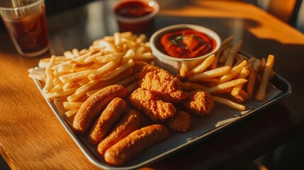 Aufkleber - Golden fried chicken nuggets, fries, and sausages with ketchup on a tray.