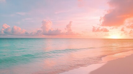 Poster - Serene sunset over calm ocean beach with pastel sky and soft waves.