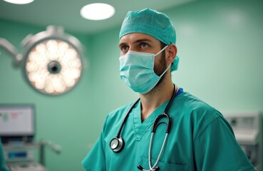 Aufkleber - Confident surgeon wearing scrubs, surgical mask, stethoscope looks focused under bright operating room lights. Skilled medical pro in sterile surgical environment. Health worker in operating theatre