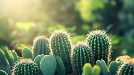 Poster - Close-up of several vibrant green cacti bathed in sunlight, set against a blurred green backdrop.