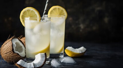Poster - Two refreshing coconut lemon water drinks with ice in tall glasses, garnished with lemon slices and coconut pieces on dark background.