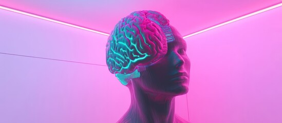 Poster - Cyberpunk Humanoid with Illuminated Brain and Neon Accents in a Vivid Atmosphere