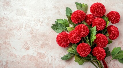 Poster - Red pom-pom flowers arranged on a pink textured background, leaving copy space.