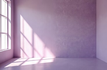 Poster - Empty studio room with purple walls. Sunlight from window creating shadows, minimalist interior design. Perfect for product placement, presentation, cosmetic promotion. Pastel lilac tone creates calm