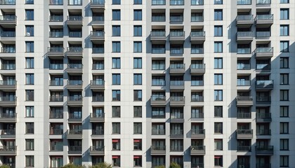 Poster - Modern building facade with many windows, balconies. Geometric pattern of shades creates abstract design. Contemporary apartment building with residential housing structure in city. Architectural