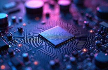Leinwandbilder - Macro shot of computer mainboard with electronic components. Blue and purple toned background. Circuit board detail of a central processing unit. Tech concept for data processing and computer science.