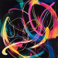 Fototapete - Abstract Neon Light Trails on Black Background for Modern Design