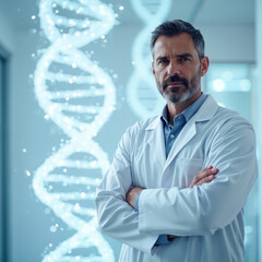 Poster - Confident doctor with arms crossed. DNA double helix background. Cutting-edge medical breakthroughs in genetics. Concept of medical innovation, biotechnology, research. Representing advancements