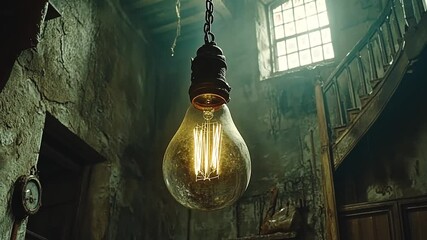 Poster - Glowing Hanging Light Bulb Illuminates Rustic Interior Space Generative AI