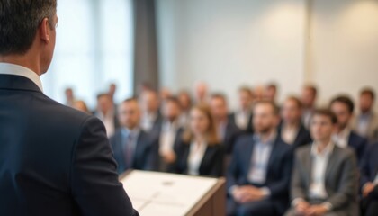 Poster - Blurred background speaker podium at pro conference. Business meeting corporate event, presentation, speech. Blurred audience listens, blurred bokeh effect. Public talk, seminar, talk meeting, forum