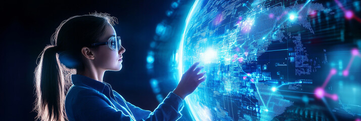Poster - woman exploring global network - a young woman interacts with a futuristic, glowing globe representi