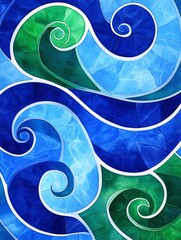Poster - Abstract Swirling Waves Design - Blue and green swirling waves, abstract art, stained glass , textured background