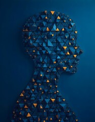 Fototapete - A silhouette of a human head, composed of intricate blue and gold triangles, against a deep blue background