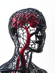 Poster - Intricate Anatomy Artistic Representation of the Human Circulatory System - A detailed 3D showcasing the human circulatory system, brain, and vascular network. Symbolizing life, health, connection