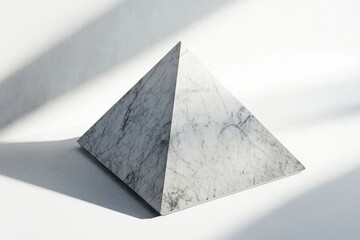 Poster - Marble Pyramid Minimalist Design - Elegant marble pyramid, clean lines, white background, shadow play, geometric simplicity. Symbolizes: structure, ambition, power, sophistication, balance