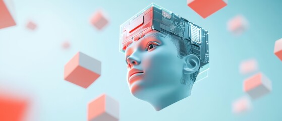 Poster - Futuristic cybernetic human head with AI chip amid floating cubes
