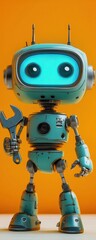 Poster - Cute robot mechanic holding wrench against vibrant orange background