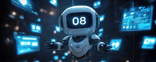 Poster - Futuristic Robot with Digital Interface Floating in a Technological Environment