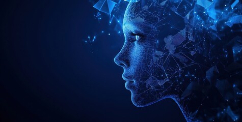 Fototapete - Digital human face in low poly style with blue glowing effects