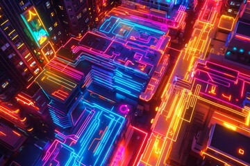 Poster - Neon Cityscape Circuitry - A vibrant artwork depicting a futuristic city illuminated by neon lights, symbolizing technology, progress, energy, innovation, and connection
