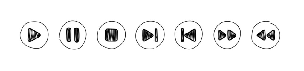 Leinwandbilder - Doodle media player button icons set. Play, pause, rewind, fast forward. Hand drawn UI elements. Line music player buttons. Play video or music icon collection