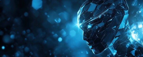 Poster - Abstract AI figure modeled from glowing low-poly shapes in a luminous blue tint