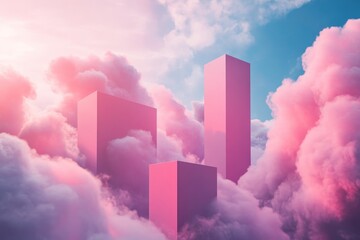 Poster - Pink Geometric Forms in Dreamy Cloudscape - Surreal symbolizing aspiration, imagination, serenity, growth, and ethereal beauty. Pink geometric shapes rise from soft pink clouds