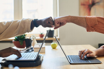 Poster - Side view of punch bump of two young intercultural male programmers over laptops during work over new software