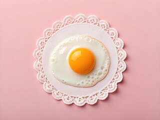 Poster -  A fried egg on an English muffin, placed on a doily, with a soft boiled egg in the background.