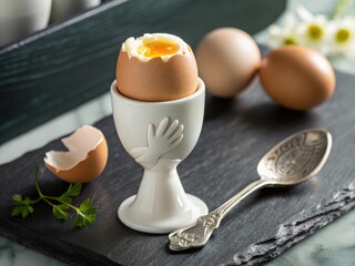 Poster -  A white egg in a cup with a golden yolk, a silver spoon next to it on a black slate surface, and scattered nuts around