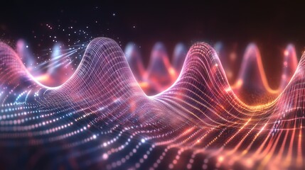 Poster - Quantum Wave Oscillation: Data Flow Visualization - Abstract landscape representing data flow, network connections, quantum physics, energy waves