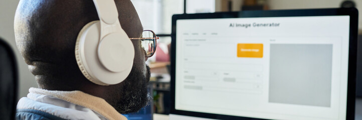 Aufkleber - Header of young bald man in headphones listening to music and looking at computer screen with AI image generator