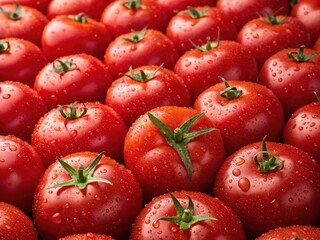 Poster -  A close-up view of ripe red tomatoes in a bunch, with droplets of water on them.