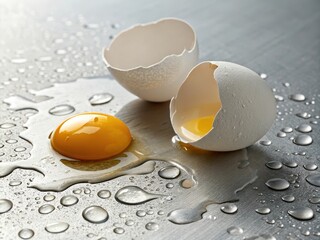 Poster -  Two eggs in their shells on a wet surface, one cracked open revealing the yolk.
