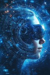 Wall Mural - futuristic woman wearing virtual reality headset surrounded by glowing digital elements