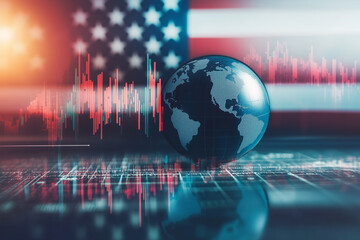Fototapete - globe is on a computer screen with a red line going through it. The globe is surrounded by a blue and red background
