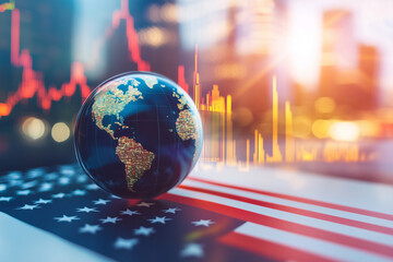 Aufkleber - Globe is placed on top of a red, white and blue American flag. The globe is surrounded by a series of lines that appear to be stock market graphs. 