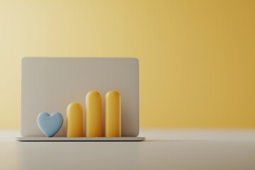 Poster - Laptop with Graph Displaying Social Media Analytics and Heart Icon on Bright Yellow Background