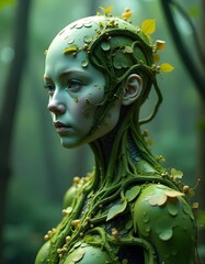 Poster - A serene profile of a woman, her skin a textured green, with sprouting leaves and mechanical details, against a lush forest backdrop