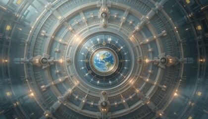 Poster - Exploring the cosmic structure of earth futuristic space station digital art sci-fi environment aerial viewpoint interstellar concept