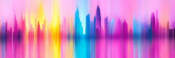 Poster - Vibrant Cityscape at Dusk - A colorful abstract cityscape at sunset, symbolizing urban energy, growth, dreams, opportunity, and modern life