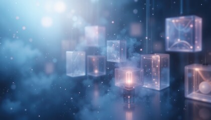 Poster - Illuminating digital blocks floating in a dreamlike space abstract concept fantasy environment ethereal viewpoint visual art